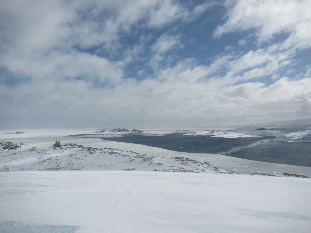 A hike up the glacier in back of the station on Sunday yielded some spectacular views of the sea and islands that lie to the west. Drifting sea ice is visible in the foreground, blown toward the station by brisk west winds.