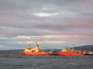 The Nathaniel B. Palmer (left) and Laurence M. Gould (right), at their pier in Punta Arenas, Chile. The "LMG" and "NBP" are the two chartered research vessels of the U.S. Antarctic Program.