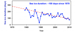 Unlike other regions of Antarctica, the West Antarctic Peninsula has seen a dramatic decrease since 1970 in the number of annual days with sea ice cover. Scientists are just beginning to understand the specific mechanisms through which anthropogenic activities have influenced this change. Data: Hugh Ducklow, LDEO.