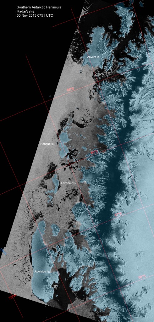 A Nov. 30 image from the RadarSat-2 satellite showed the extent of the sea ice that lingered for months to the south and west of Anvers Island. In this false-color image, sea ice is white, while land masses and terrestrial ice have a blueish tint.