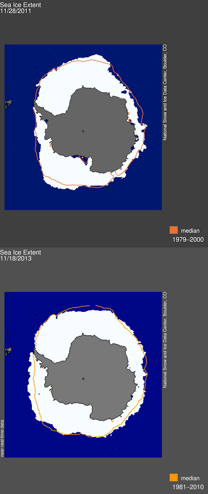 Antarctic sea ice extent in 2013 (bottom) and in 2011 (top). Relative to the trend established in the past 30 years, the 2013 sea ice cover on the West Antarctic Peninsula was anomalously extensive. The orange line shows the median ice extent surrounding the continent over the past few decades. While the extent and duration of the sea ice cover on the Peninsula has decreased dramatically over the past few decades, ice surrounding the continent as a whole has increased slightly.