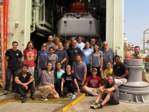 The expedition science group in front of the Alvin hangar