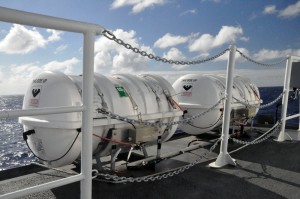 The port-side life rafts, stored very compactly and unobtrusively on the exterior of the ship