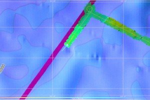 Mapping output of the multibeam. Pink track: a previous cruise. Green track: our. The looping turn increases coverage of that part of the map; turn to quickly, and some of the seafloor would be missed between pulses.