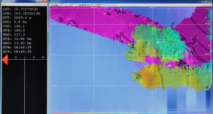 Sentry has been here before. The pink track is depth data from a previous cruise; the multicolored track is our current survey of the test dive site