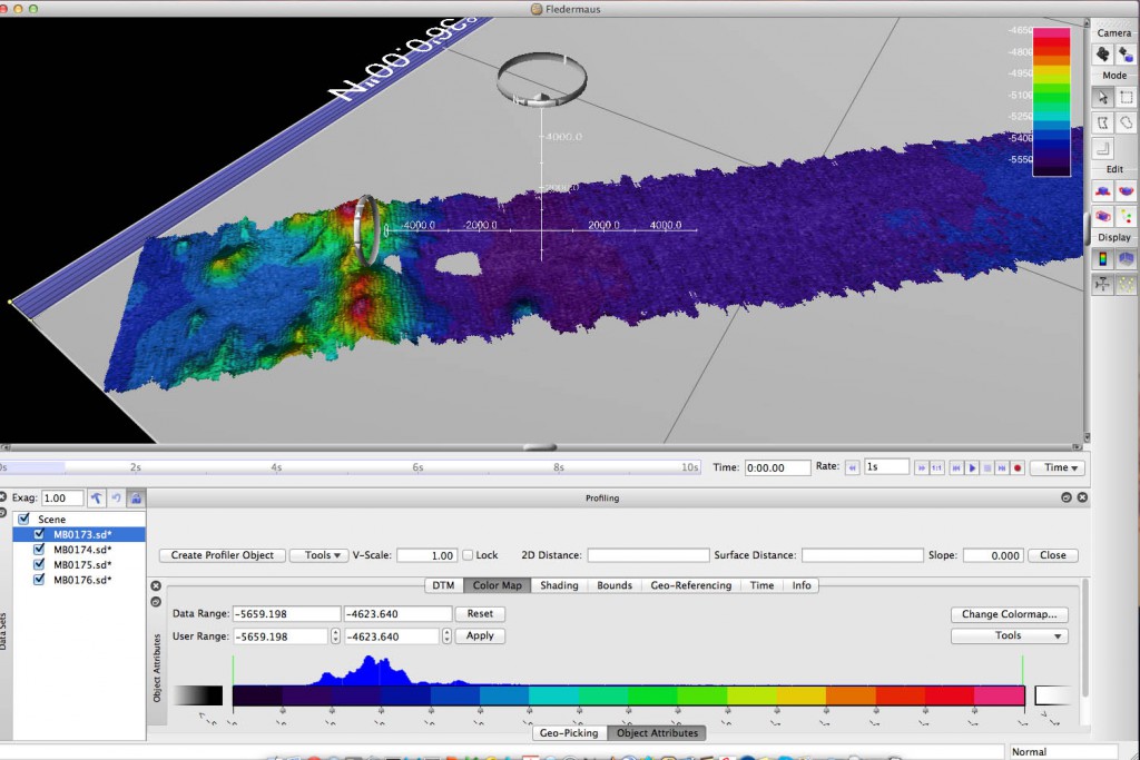 Multibeam data is combined and interpolated to create 3d depth maps in Fledermaus