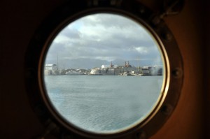 Port, through the porthole. Almost every stateroom has one of these. Bad luck, Tyler