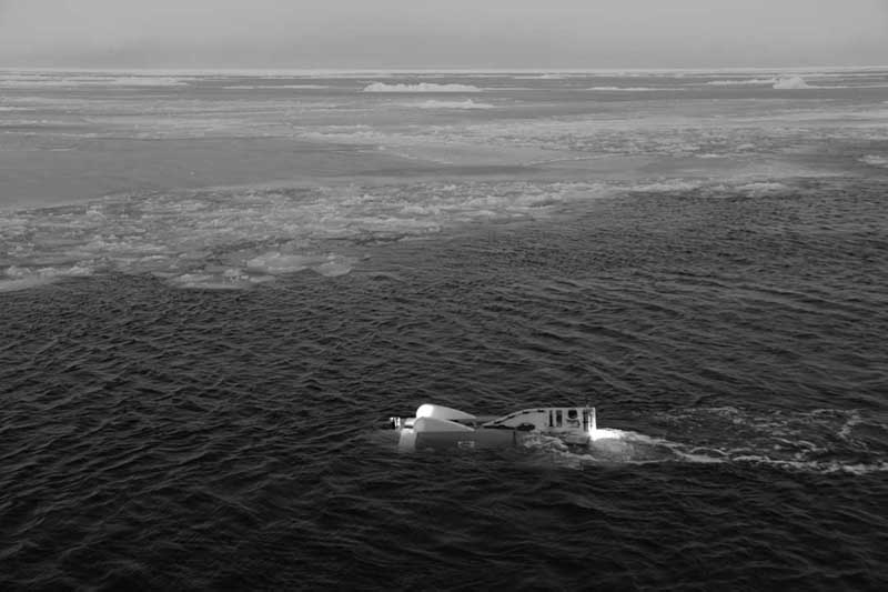 Nereid Under Ice at the surface on its first dive of the cruise. (photo by Chris German, Woods Hole Oceanographic Institution)