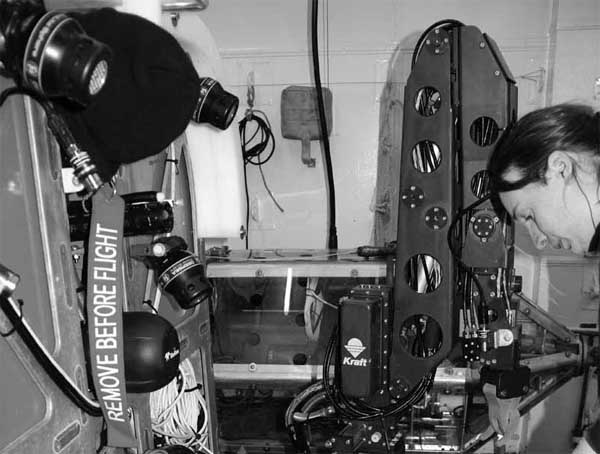 Basket case. Casey runs final checks over gear in the sampling basket on the front of NUI now it has been converted to ROV mode. The "remove before flight" tag attached to the protective cover on our primary HD video camera and the Kraft manipulator we will be using for any sampling take center stage in this view looking across the front of NUI from its starboard side.
