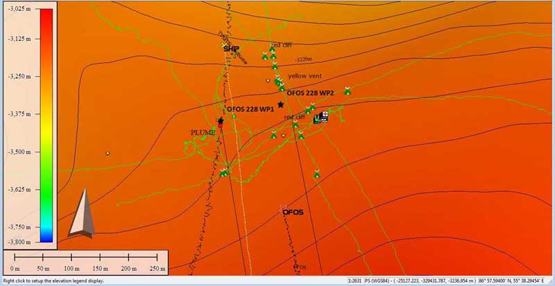 It could've been awesome. This screenshot of our navigation chart shows how we had OFOS lined up to scream right through the middle of our search area during the last night of our study at the Gakkel Ridge. Everything worked out great and we got the closest yet to finding the active vent source, but we never quite closed the deal.