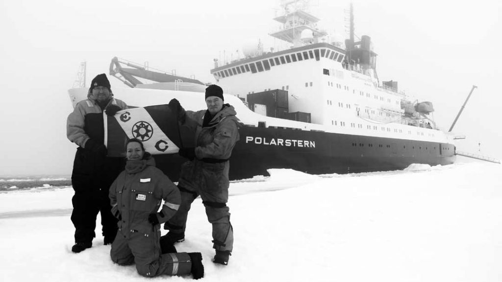 Pioneers. Chris German and Louis Whitcomb, two of the co-PIs behind the building of the Nereid Under Ice vehicle together with Antje Boetius, Chief Scientist for Polarstern Cruise 101, approximately 4000 meters (13,000 feet) above the seafloor and the Gakkel Ridge on a frozen ocean. (photo by Jill McDermott, Lehigh University)
