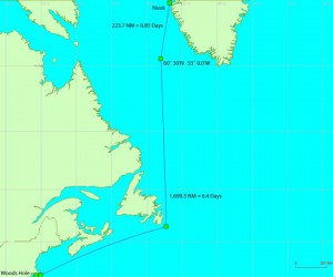 The blue line shows the route the ship will take to travel from Woods Hole to the work area in the Labrador Sea. (Map by John Dyke, Woods Hole Oceanographic Institution)