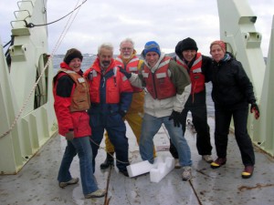 The science crew of R/V Knorr Cruise KN192-01. From left to right: Chief Scientist Amy Bower, Senior Engineering Assistant Will Ostrom, Senior Engineer Jim Valdes, WHOI graduate student Dave Sutherland, freelance writer Donovan Hohn, Perkins School science teacher Kate Fraser. (Photo by Alison Heather, Woods Hole Oceanographic Institution)