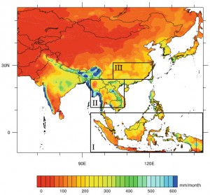 Long-term June-August mean precipitation (mm/month) for the region covered by the MADA, based on GPCC data for the period 1950-2005. The boxes indicate the spatial extent of the specific regions analyzed in Figure 4 for Indonesia (I), Southeast Asia (II), and Eastern China (III). Ummenhofer.etal_2013_MADA_Fig1