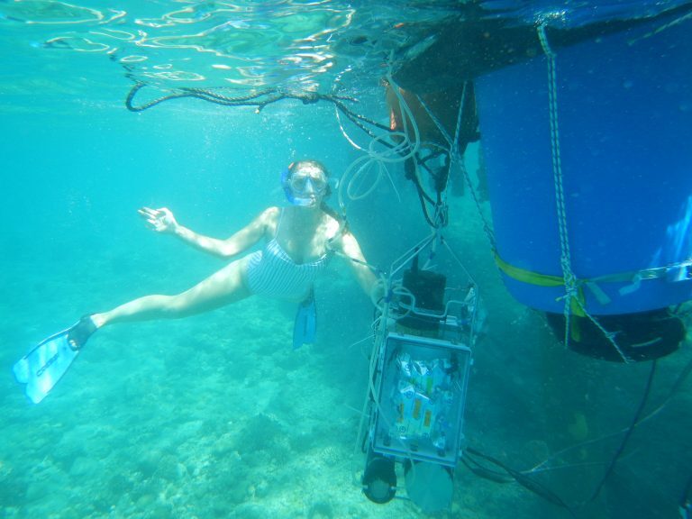 Mallory Ringham deploys the CHANOS II Dissolved Inorganic Carbon sensor over corals in the Red Sea at the Interuniversity Institute for Marine Sciences in Eilat, Israel. Image credit: Boaz Lazar, 2019.