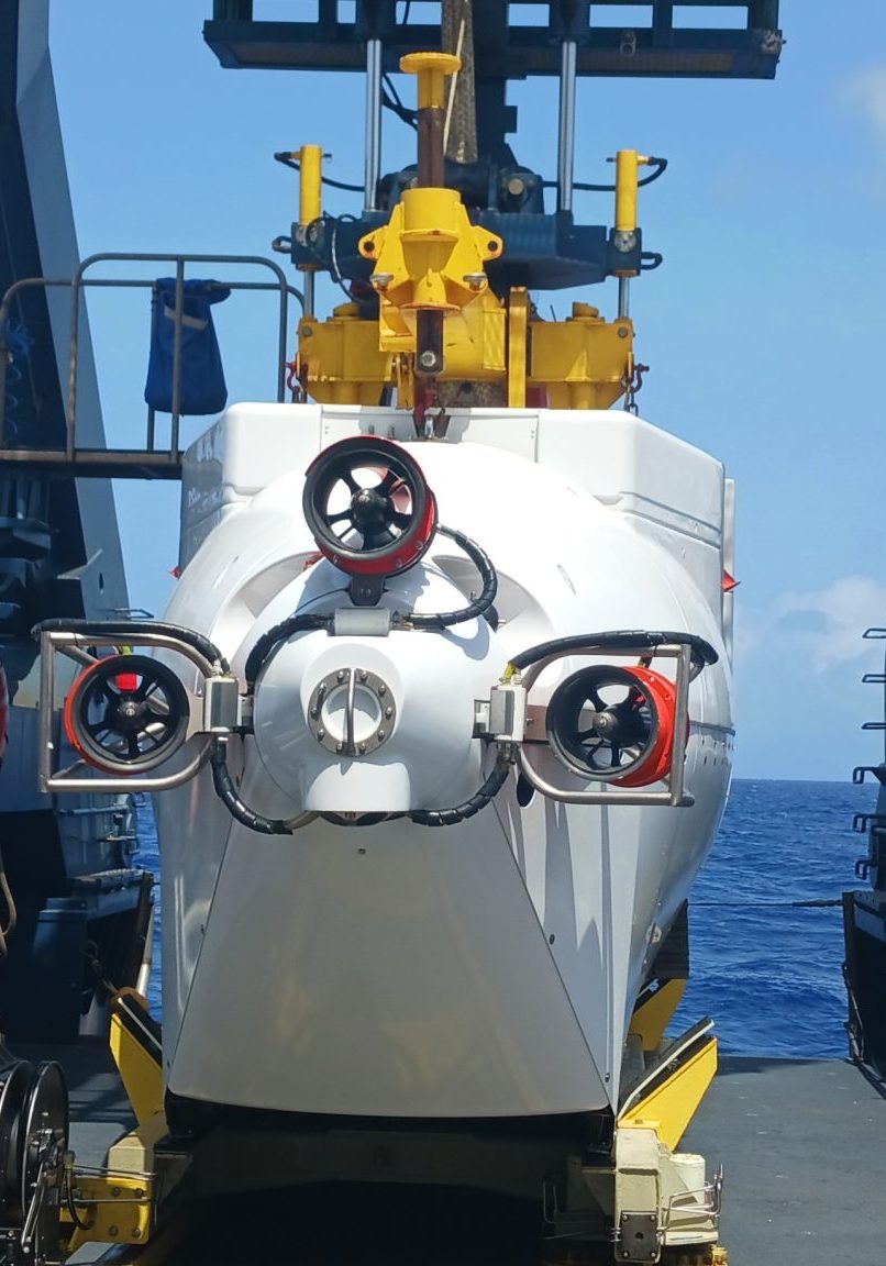 Backside shot of Alvin getting ready to be deployed off the R/V Atlantis. There is a lot of prep work to get Alvin ready to dive! Picture credits to Frieder Klien.