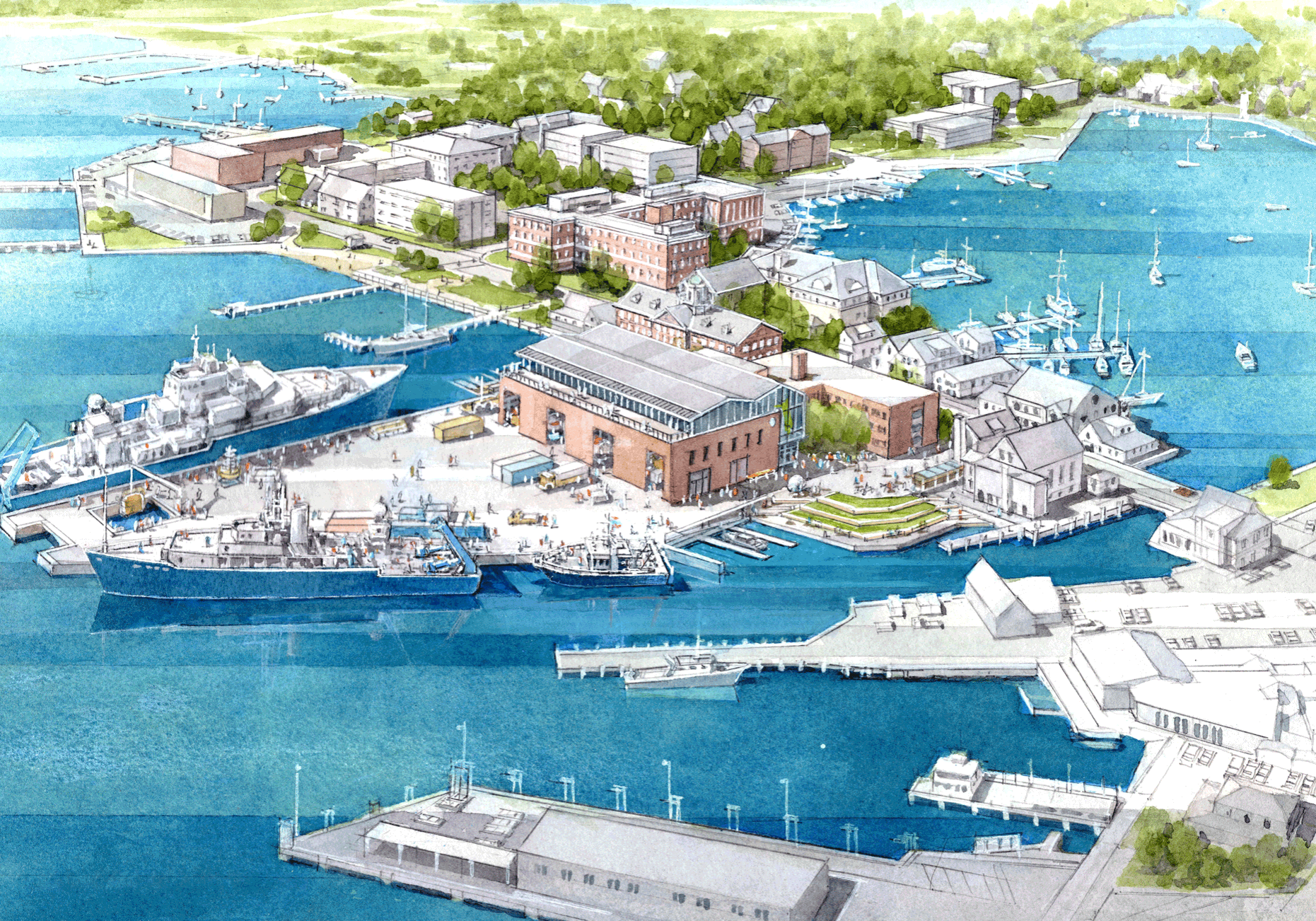 Aerial view of the Complex for Waterfront Access To Exploration and Research (CWATER).  (Artist concept rendering @Woods Hole Oceanographic Institution)