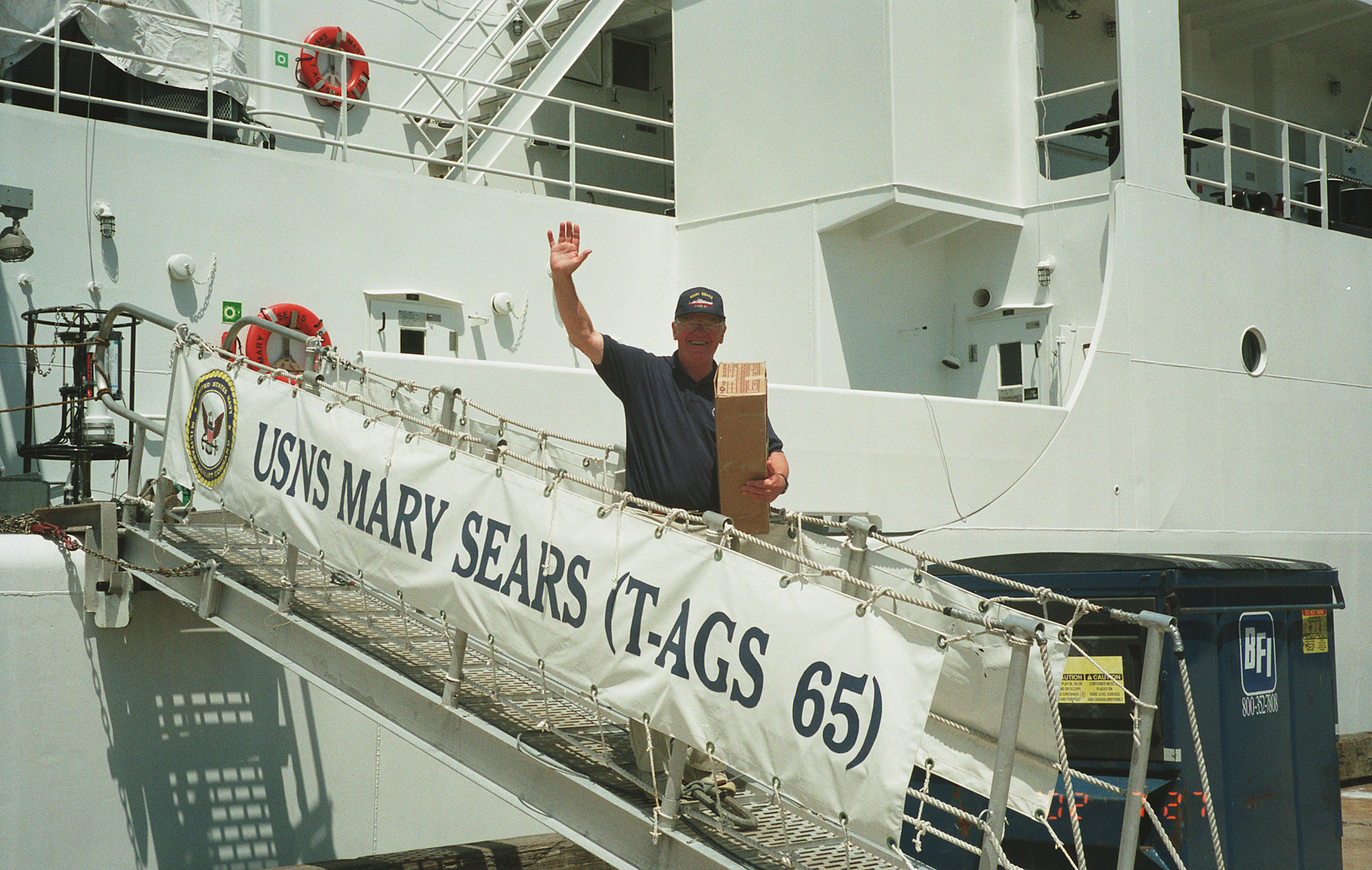 July 2002. USNS Mary Sears visits WHOI. Dick Pittenger on board the USNS Mary Sears.